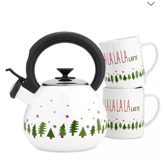 The Cellar Holiday Christmas Enamel Tea Kettle Stoneware Mug Set Host Gift NWT - Picture 2 of 12